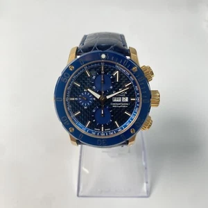 EDOX Chronograph Automatic Blue Gold Black Leather SS Men's Watch Used Japan F/S - Picture 1 of 16