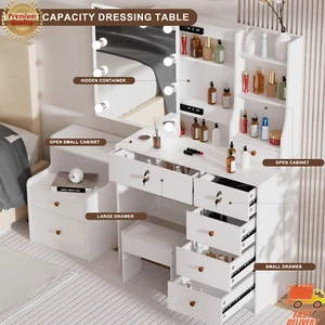 Dressing Table Vanity Set with LED Makeup Mirror Stool 6 Drawers Dresser Desk - Picture 1 of 10