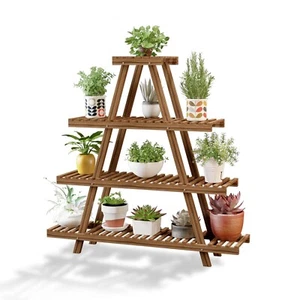 4 Tire Wood Plant Stand Shelf Indoor Outdoor Flower Pot Patio Porch Lawn Garden - Picture 1 of 6