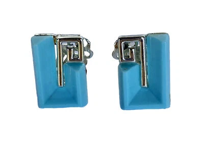 Pendientes de clip modernos vintage de mediados de siglo en tono azul y plata de Lisner Foto 1 de 4