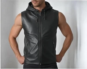Handmade Leather Front Zipper Hooded Vest Steampunk Leather Vest Motorcycle - Picture 1 of 3