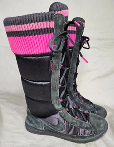 Nike High 2 Puffer Boots Womens 7 Black Pink Suede Ribbed Knit Lace Up Y2K Shoes - Picture 1 of 12