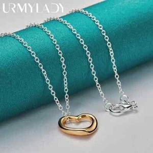 URMYLADY 925 Sterling Silver Gold Heart Pendant Necklace High Quality Jewelry - Picture 1 of 6