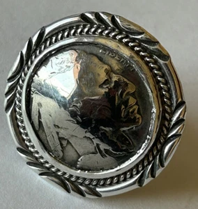 Signed Navajo Sterling Silver Buffalo Indian Head Nickel Ring Size 7 - Picture 1 of 8