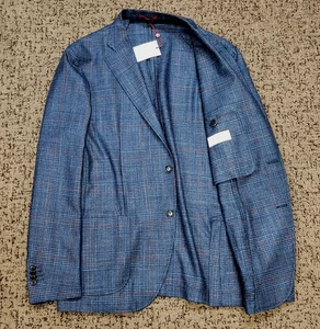 $1650 NEW Luciano Barbera Wool Silk CASHMERE Check Blazer Men 44 EU 54 Blue Red - Picture 1 of 8