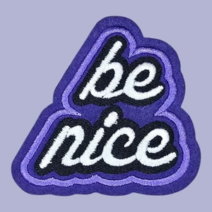 BE NICE IN ITALICS BLACK AND PURPLE FUN APPLIQUE IRON ON PATCH 2.8 X 3" - Picture 1 of 4