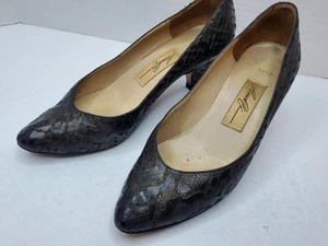 AMALFI Metalic Black Anaconda Leather Pumps Kitten Heels Shoes 8B Italy Y2K - Picture 1 of 20