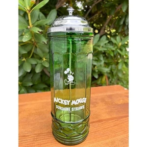 Dispensador de Mickey Mouse vintage vidrio verde soplado pajitas de sol Disney - Imagen 1 de 15