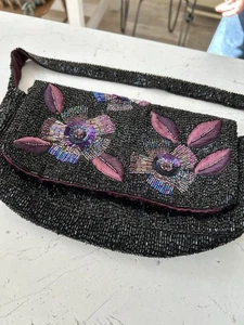Accessorize sequin shoulder clutch bag VGC floral black purple beaded baguette - Picture 1 of 3