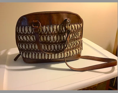 Talbots Brown leather and cream canvas handbag with detachable shoulder strap - Image 1 of 4