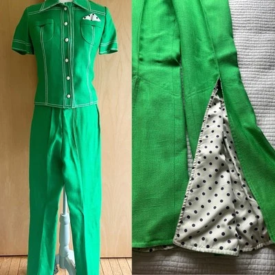 Vtg 70s Mod Shirt Pant Suit Ein Fink Wide Leg Bell Bottom Hippie Sailor XS - Image 1 of 4