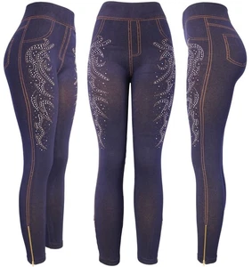 Rhinestone Solid Leggings High Waist Women's Denim Look Leggings Pants - Picture 1 of 15