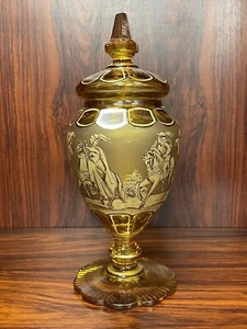 Duży czeski bursztynowy szklany słoik z urną z ręcznie zdobionymi szkicami - Zdjęcie 1 z 12