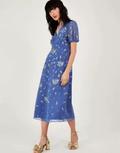 Monsoon New Blue Embellished Zena Midi Dress Size 14 Sequin Short Sleeves - Picture 1 of 14