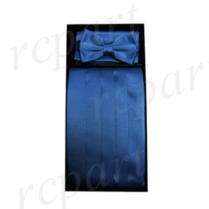 Neu Herren Einfarbig Polyester Kummerbund_ Fliege & Taschentuch Set Hochzeit Saphirblau - Bild 1 von 5