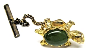 Gold Jade Turtle Tie Pin Green Cabochon Shell Men's Vintage Formal Wear Jewelry - Picture 1 of 3