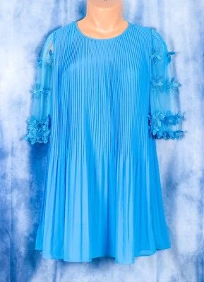 NWT Impressions Cornflower Blue Dress w Knife Pleats and Sheer Sleeves Size L - Image 1 of 4