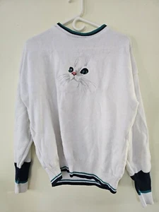 Vtg Winona Knits Women's Sweater With Embroidered Cat Face Sz XL USA Cottage Gra - Picture 1 of 9