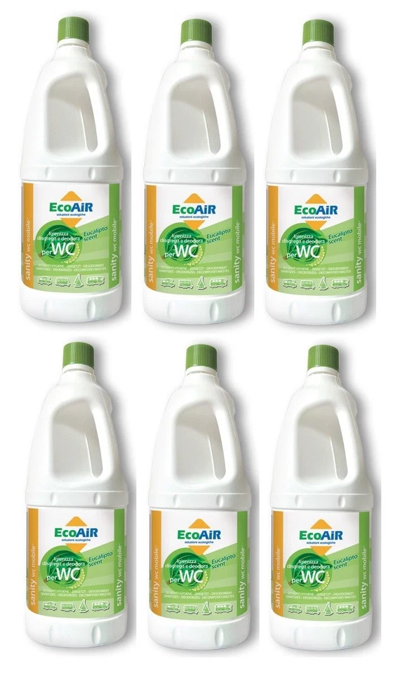 DISGREGANTE SANITY 2 LITRI EUCALIPTO WC AQUE NERE CAMPER AQUA KEM * 6 BOTTIGLIE  - Immagine 1 di 1