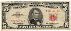 1963 USA United States Notes 5 Dollar Banknote P383 Red Seal Circulated Tm - Picture 1 of 2