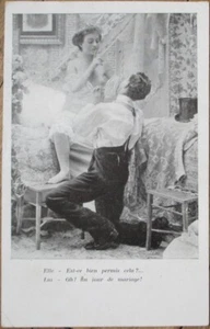 Risque French 1906 Postcard, Man Begging Topless Nude Woman in Boudoir - Picture 1 of 1
