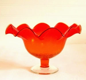 Orange Crackle Glass Compote Pedestal Yellow Cadmium GLOWS Ruffled Edge Bowl 9x6 - Picture 1 of 14