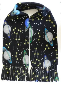 Space Galaxy Planets Fleece Scarf with Fringe Edges Stitches Handmade 9" x 59" - Picture 1 of 5