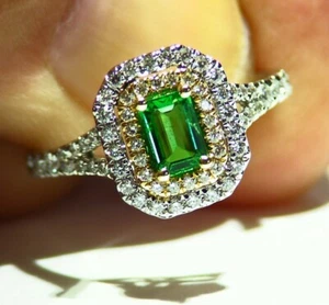 Vintage .91CT 18K Gold Natural Emerald White Diamond Halo Engagement Ring Deco  - Picture 1 of 6