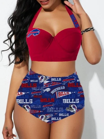 Buffalo Bills 2Pcs High Waist Bikini Womens Halter Swimsuit Push Up Bathing Wear Cover
