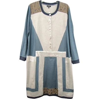 J Peterman Daisy Goes Dancing Mixed Media Dress Sz S Blue Beige Lace Sequin NWOT - Image 1 of 4