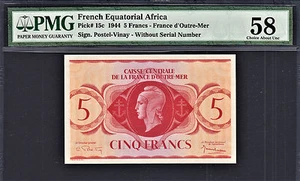 French Equatorial Africa 5 Francs 1944 W/o Serial Pick-15c Almost UNC PMG 58 - Picture 1 of 2