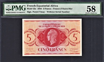 French Equatorial Africa 5 Francs 1944 W/o Serial Pick-15c Almost UNC PMG 58 - Image 1 of 2