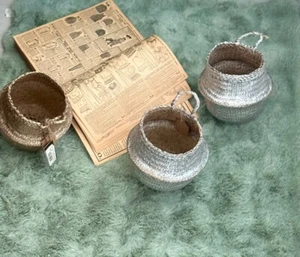 Set of 3 Seagrass basket - Foldable Storage , Gold&Silver , Boho Decor - Picture 1 of 13