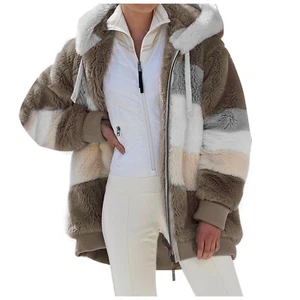 Hot Autumn and Winter Warm Plush Patchwork Zipper Pocket Hooded Jacket - Picture 1 of 26