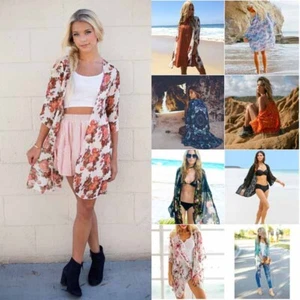 Size Women Bikini Beach Cover Up Long Kimono Cardigan Beachwear Jacket Coat - Picture 1 of 24