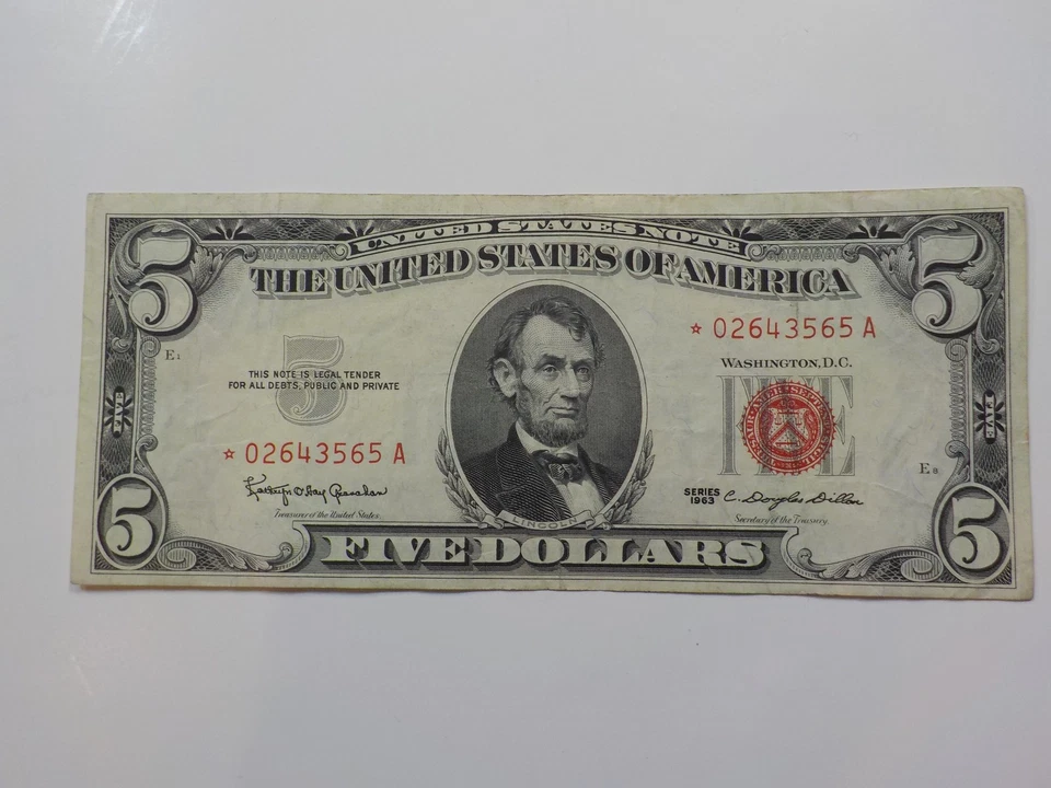 Star Note 1963 5 Dollar Bill Paper Money Red Seal United States America VTG USA  - Image 1 of 2