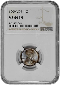 1909 VDB 1C Lincoln Wheat Cent NGC Graded MS 64 BN with Toning in New Holder - Picture 1 of 2
