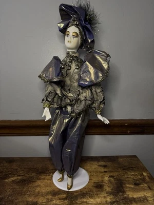 Vintage Harlequin Jester Mardi Gras Porcelain Doll - 18.5” w/ Stand - Image 1 of 4
