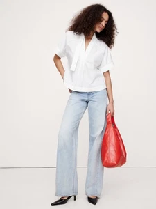 Neu mit Etikett Banana Republic Baumwoll-Popeline Popover-Top mit Bindeband LARGE weiß entspannt - Bild 1 von 14