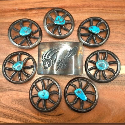 Conjunto de fivela concho prata esterlina turquesa sobreposição de pena garra de urso Navajo - Imagem 1 de 4