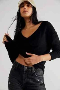 Maglione Free People Elias 100% cashmere V, nero, X-Small, prezzo di ricambio $140 - Foto 1 di 3