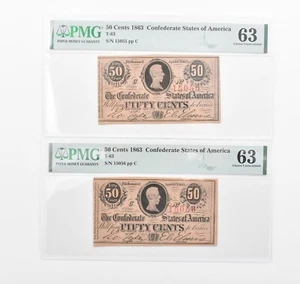 Lot (2) PMG 63 1863 50 Cents Confederate Consecutive Notes T63 *1141 - Picture 1 of 3