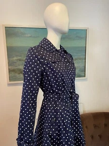 🌱Navy white fit & flare Polka Dot Cotton Trench Coat size 10 - Picture 1 of 17