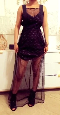 VESTIDO MAXI DE TUL CON VOLANTES DETALLADOS DORADOS BCBG NUEVO CON ETIQUETAS TALLA S   Foto 1 de 4