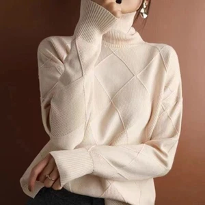 Womens Turtleneck Long Sleeves Pullover Knitted Loose Baggy Jumpers Sweater Tops - Picture 1 of 12