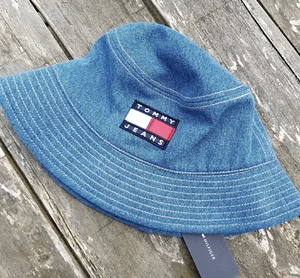 Genuine TOMMY HILFIGER Washed Denim BUCKET LOGO HAT Adult Festival NEW TAG Buck5 - Picture 1 of 7