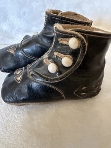 Vintage Antique Victorian Baby Toddler Fancy Black Leather White Button Shoes - Picture 1 of 6
