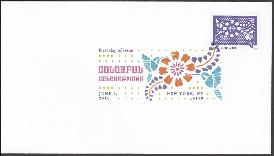 US 5087 Colorful Celebrations violet birds & flowers DCP FDC 2016 - Image 1 of 1
