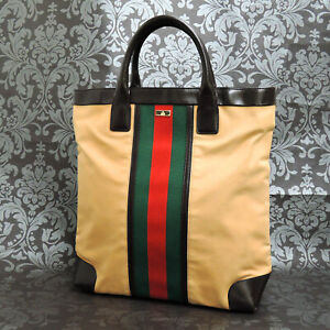 GUCCI Canvas Leather Sherry Line Beige Tote Bag #98 Rise-on 