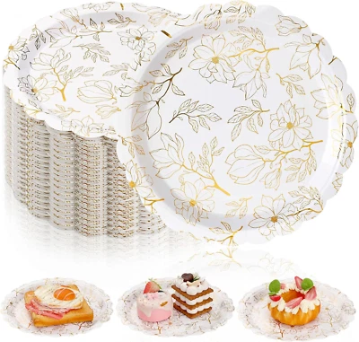 60 Piezas Platos de Papel Blanco y Dorado 9 Pulgadas Magnolia Floral Festoneado Desechables P Foto 1 de 4